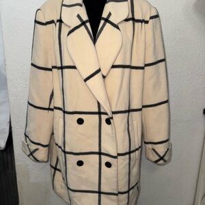 Cream and Black Wool-Blend Pea Coat with Notched Lapel